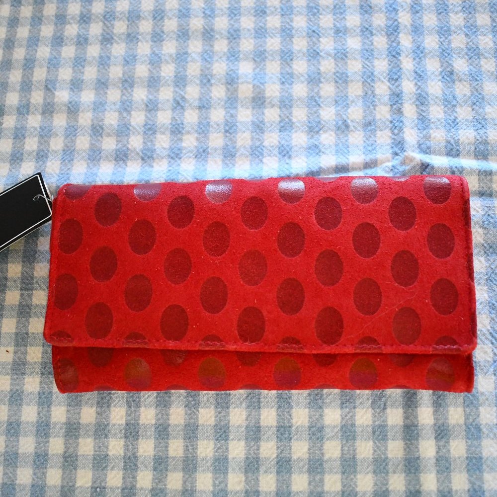 Women's Union Code Red Genuine Leather Dot Pattern w/ RFID Data Safe Wallet NEW